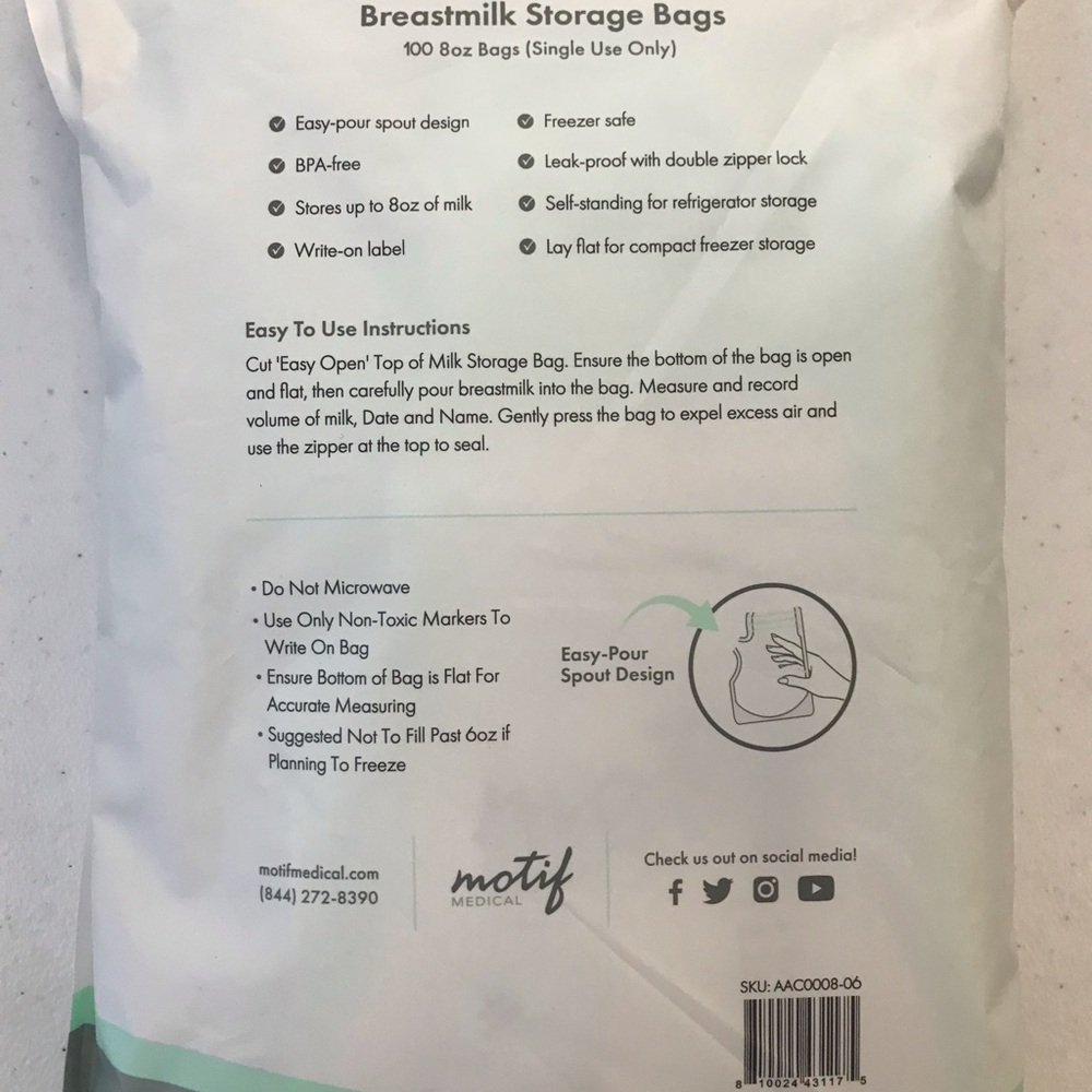 Motif Breast Milk Storage Bags, 100 ct, 6 oz. capacity NWT